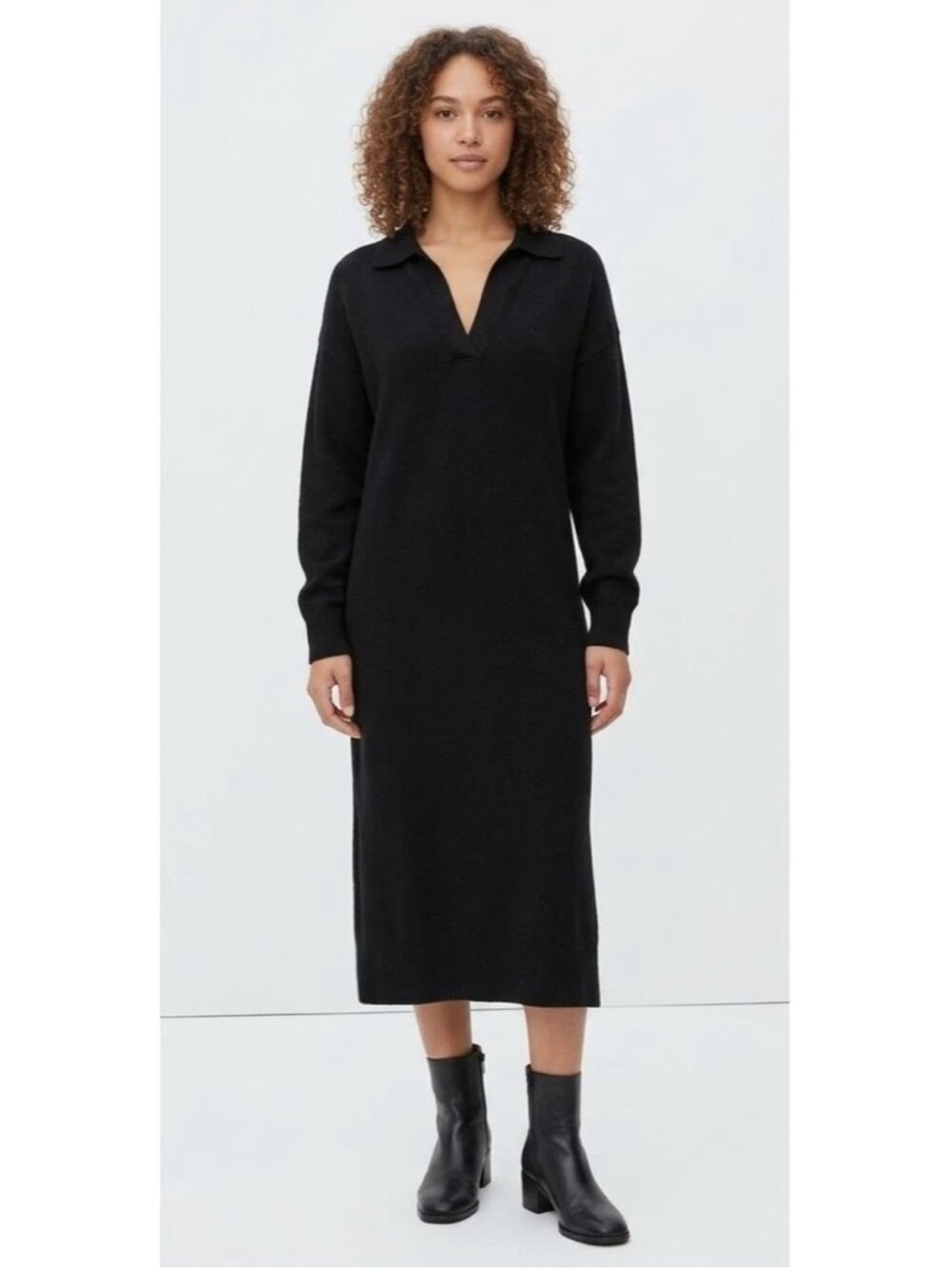 Everlane The Cashmere Black Polo V-neck Midi Dress